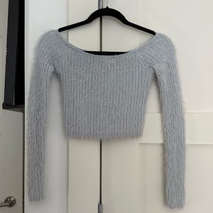 Curiosity Pastel Blue Fuzzy Off the Shoulder Sweater